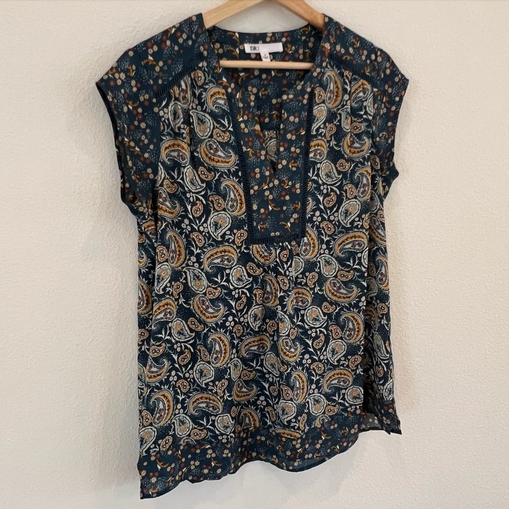 DR2 Women's Paisley Printed Cap Sleeve V-Neck Tunic Blouse Size Medium